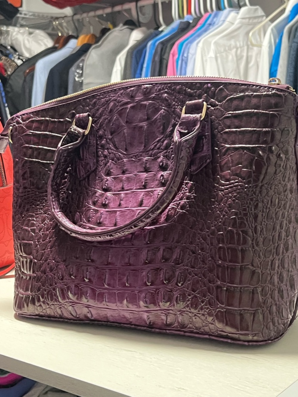 Croc-Embossed Structured Satchel in Deep Plum